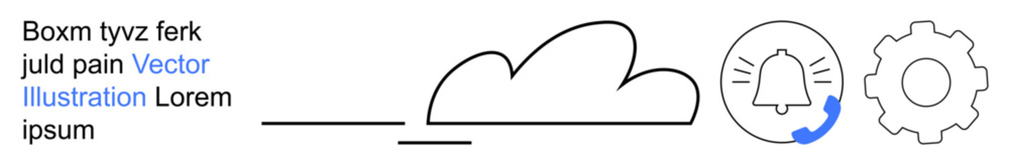 Cloud computing, data synchronization, system updates, user notifications, alert management, digital tools. Features outlined cloud, notification bell and gear icon. Cloud computing and data