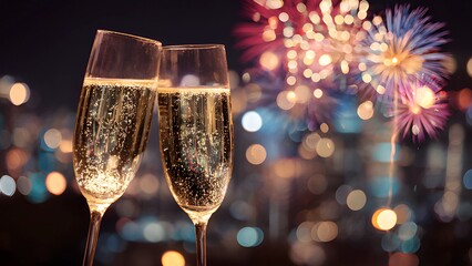Wine party celebration, new year eve champagne glasses celebration. Two champagne flutes filled with a sparkling beverage on dark backdrop of fireworks and bokeh lights background 