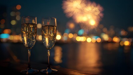 Wine party celebration, new year eve champagne glasses celebration. Two champagne flutes filled with a sparkling beverage on dark backdrop of fireworks and bokeh lights background 