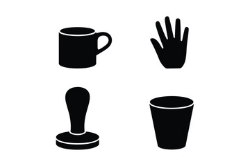 Set of four black coffee and barista icons mug, hand, tamper, and cup isolated on white