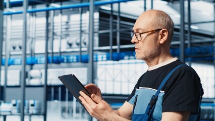 Senior engineer in smart photovoltaics factory looking at system performance metrics on tablet. Experienced solar panels plant worker tracking energy production through IoT sensors on device, camera A