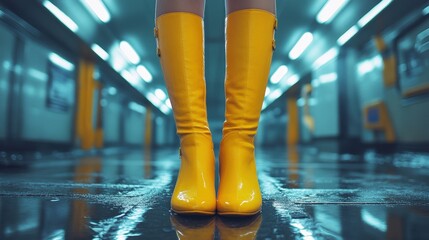 A pair of vibrant yellow boots rests on a wet floor, illuminated by the cool glow of blue lights.  A striking image emphasizing color and reflection.
