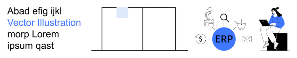 Business management, enterprise solutions, workflow optimization, data analytics, digital process, and corporate planning. ERP icon with graphs and businesswoman. Business management and enterprise