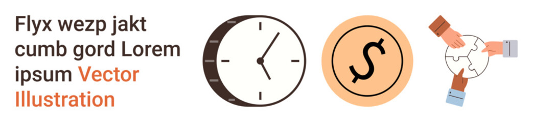 Business strategy, teamwork, financial planning, time management, collaboration, graphic design. Clock, dollar sign hands assembling a puzzle. Time management and financial planning concept