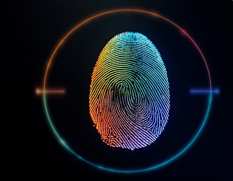color digital fingerprint on a black background biometric identity finger scan and technology for protecting digital access to security data and information