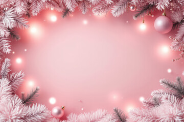 Pink Christmas background with frosted branches, baubles, and glowing lights in soft pastel tones.
Perfect for holiday cards, feminine branding, or festive social media templates.