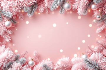 Flat lay Christmas frame with pink fir branches and ornaments on soft glowing backdrop.
Ideal for product mockups, seasonal promotions, or elegant winter content.