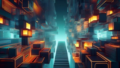 abstract city of cubes with glowing windows and stairs
