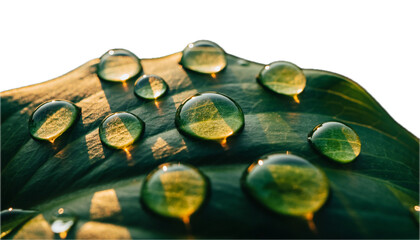 Large beautiful drops of transparent rain water on a green leaf macro, isolated on white background