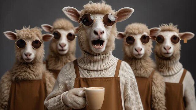 A group of sheep wearing sunglasses and aprons are standing in front of a coffee cup. The image conveys a fun and lighthearted atmosphere