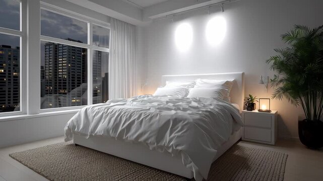 A white bed with a white comforter and a white pillow sits in a bedroom with a window. The room is lit by two overhead lights, creating a warm and inviting atmosphere