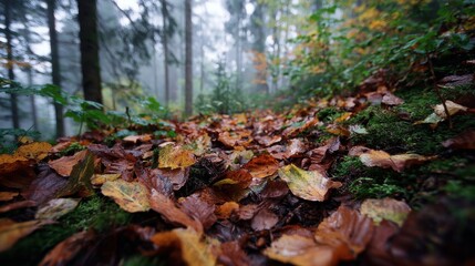 Low angle view of an autumn forest path covered in wet leaves and moss on a foggy day