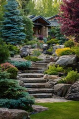 Obraz premium As the sun sets, stone steps wind their way through a beautifully landscaped garden, adorned with a variety of plants and trees, alongside a serene water feature near the house