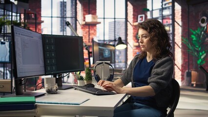 Freelancer woman employs online AI assistant to automate text generation and solve tasks easily, enhance productivity at the office. Integration of advanced algorithms and digital tools. Camera A.