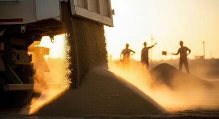 Dump truck releases pile of sand onto construction site, creating dust cloud in golden light of sunrise or sunset. Silhouetted workers stand in background, depicting industrial activity and hard work.