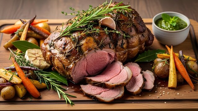 Roasted Delight: A culinary masterpiece features a succulent roasted lamb roast, meticulously sliced to reveal its tender interior, surrounded by a vibrant array of roasted vegetables and herbs.