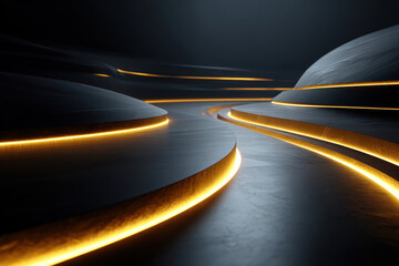 An abstract futuristic scene with smooth geometric shapes and embedded golden backlight lines.  