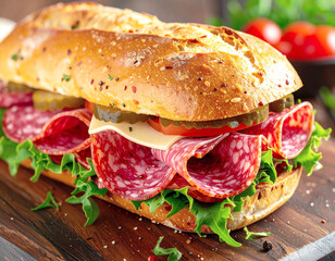 Deli salami sandwich on a hoagie roll, closeup. AI
