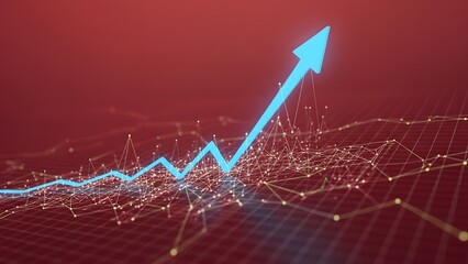 Fototapeta premium Financial Growth: A striking upward arrow, symbolizing prosperity and success, ascends boldly amidst a dynamic network of interconnected lines, set against a vibrant, saturated backdrop.