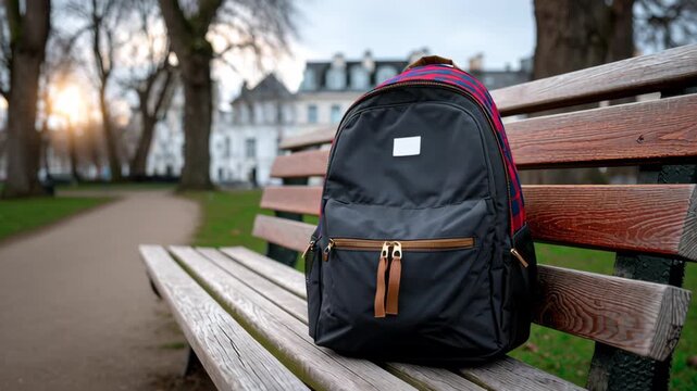 A black backpack sits on a wooden bench in a park