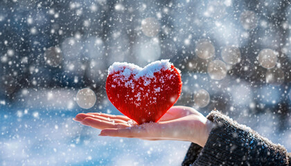 Hand holding a snow-covered red heart against falling snow