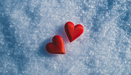 Fototapeta premium Two red hearts on snow, flat lay photography