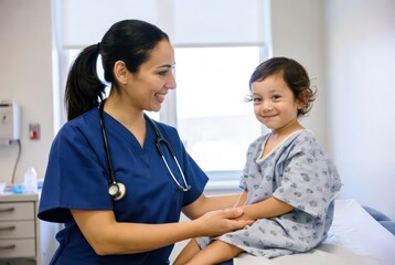 A caring doctor and child form a bond of care in a calm room. A nurse gently examines a patient.