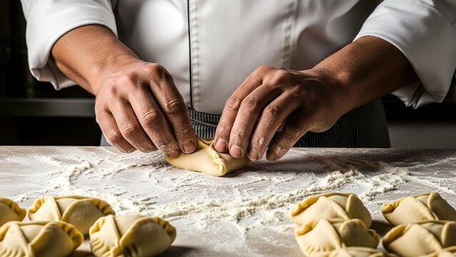Hands fold triangular dough for hamantaschen in a kitchen