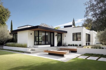 Modern house design in a residential area featuring a clean exterior and spacious outdoor structure with benches under a clear blue sky during daytime