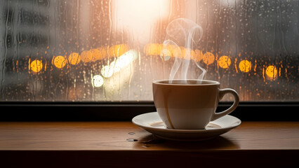 Warm Beverage in Cozy Ambiance: A cup of steaming hot coffee rests on a wooden sill, the warmth contrasting with the rainy scene outside, creating a moment of tranquility and comfort.