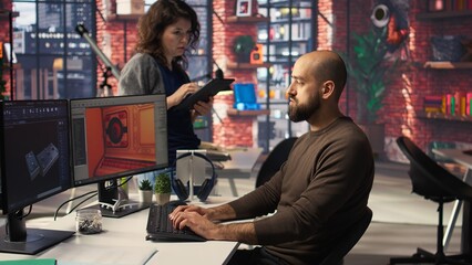 Game developer creates Mars based virtual station using AI tools. Futuristic program processes data with deep learning and automation to optimize game design and development. Camera A.