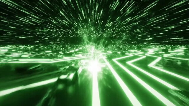Immersive digital network animation with glowing green circuits and binary code rain, perfect for tech innovation and future concepts