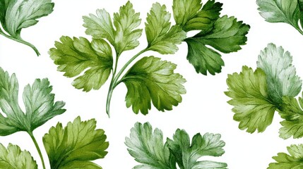 Watercolor illustration of fresh green parsley leaves, culinary herb, seasoning, isolated on white background.