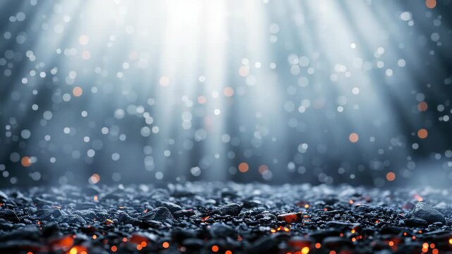 Mystical Realm: Sunbeams pierce through an ethereal atmosphere, illuminating a textured landscape of glowing embers, creating a dramatic and otherworldly atmosphere.