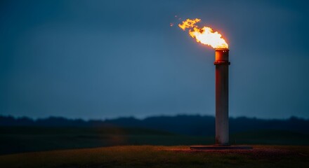 Methane flare stack burning gas at a landfill facility during twilight for ecology concept and greenhouse gas emission reduction strategy