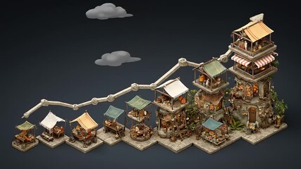 Isometric Medieval Village Growth Stages on a Graph Line. - Powered by Adobe
