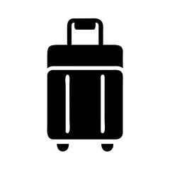 Black suitcase icon with handle and wheels on white background for travel concepts