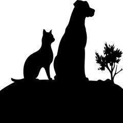 Silhouette of a dog and cat sitting together outdoors in harmony with nature surroundings.