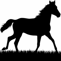 Black silhouette of a horse running in a field with grass and white background