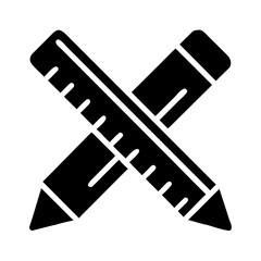 Black icon of crossed ruler and pencil on white background for design and education concepts