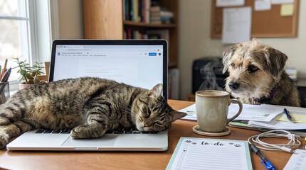 Cat sleeping on laptop with dog looking at coffee cup and papers on desk. Cozy workspace includes cat and dog, inviting atmosphere for productivity and relaxation.