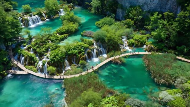 Aerial view of turquoise water cascading over multiple waterfalls
