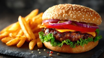 Gourmet cheeseburger with fresh vegetables and golden french fries on a dark slate board.