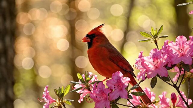 Vibrant cardinal flitting among pink blossoms in sun-drenched garden setting evoking spring's beauty, perfect for nature films and wildlife documentaries