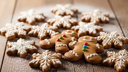Fototapeta premium Classic Christmas Elements: Gingerbread Cookies, Santa Hat, and Elegant Holiday Gift Boxes with Bokeh Lights