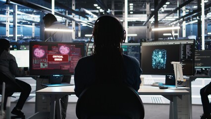Data center programmer seeing critical error message while using node tree software to analyze datasets. Server room worker receiving glitch popup warning while using visual programming tool, camera A