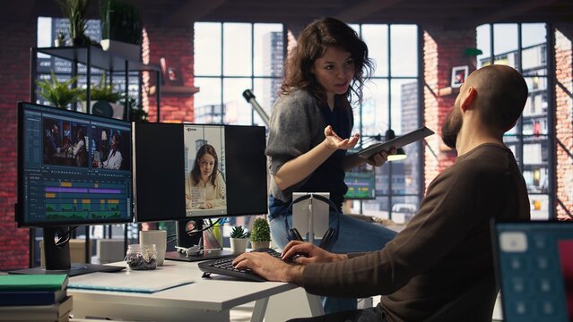 Social media video creators at agency office use editing tools and artificial intelligence to produce high quality reels aimed at improving engagement, monetization and reach. Camera A.