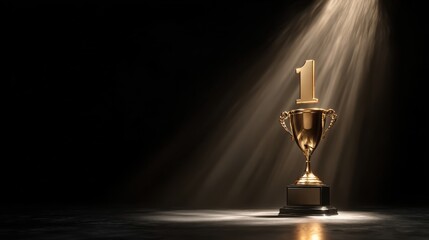Golden Number One Trophy on Pedestal Illuminated by Spotlight