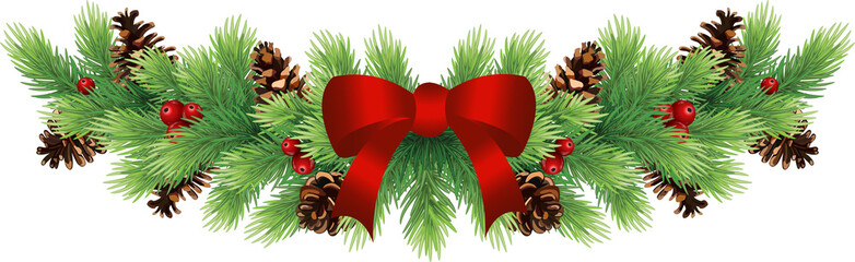 Fototapeta premium Festive green garland of pine, red berries, mistletoe, holly and pine cones. Decorated with trinkets. Transparent, png.