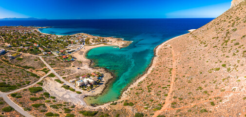 Aerial image of famous Stavros Zorbas beach, Crete Island, Greece, near Chania